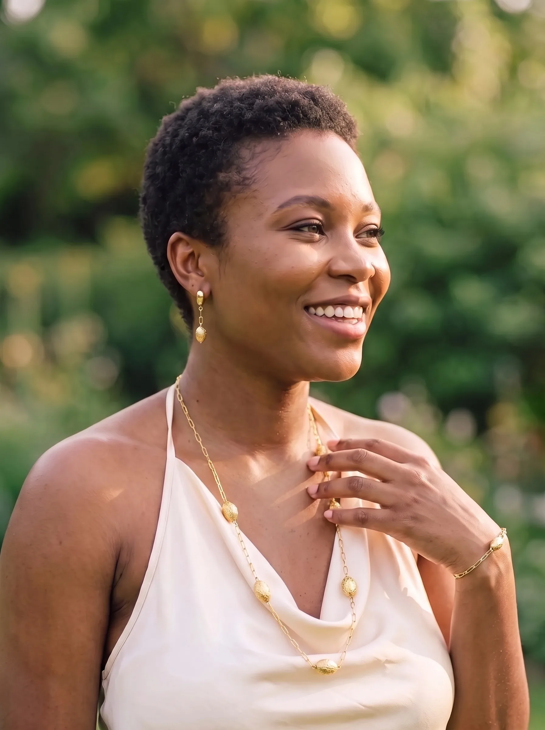 A woman wearing the Pebble Set: bead necklace, bead bracelet and bead drop earring