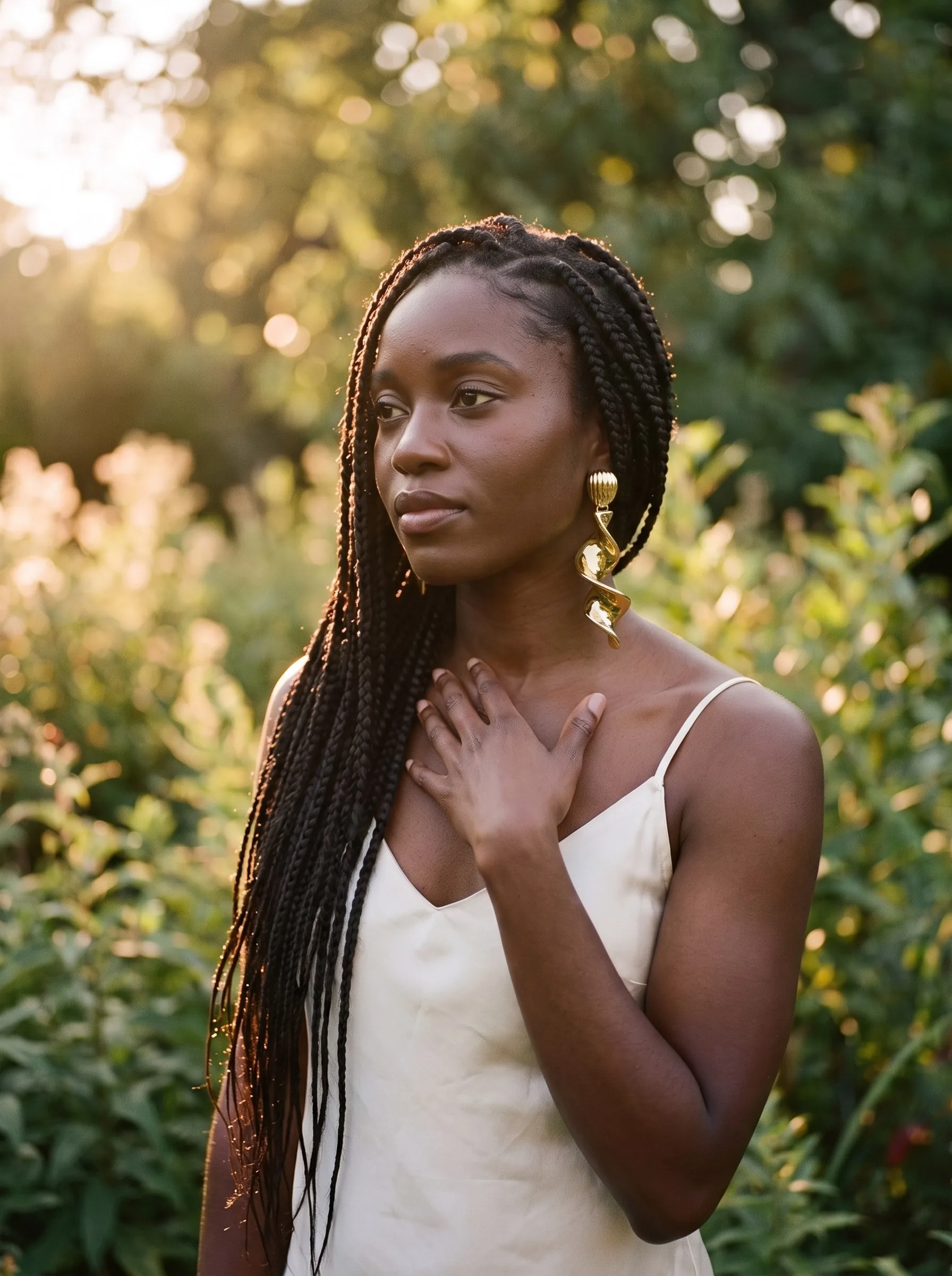 A woman with long braids wearing the Gold Twist Ribbon earrings