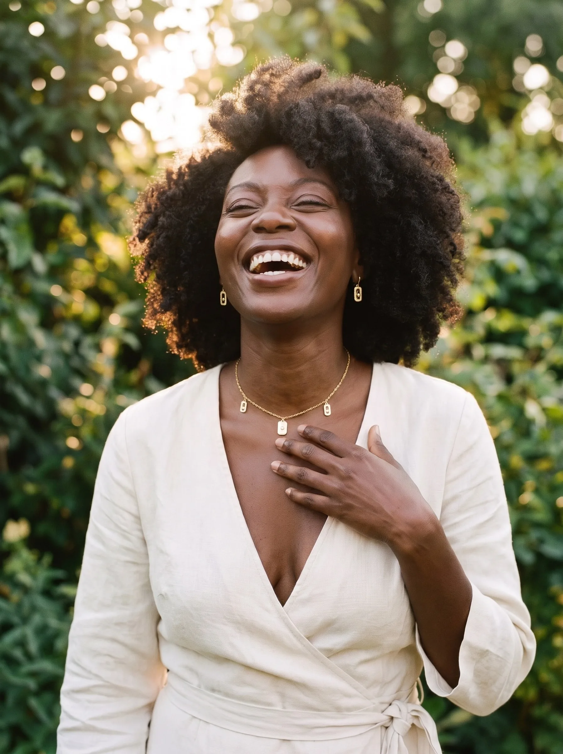 A laughing woman with natural curls wearing the Token Set