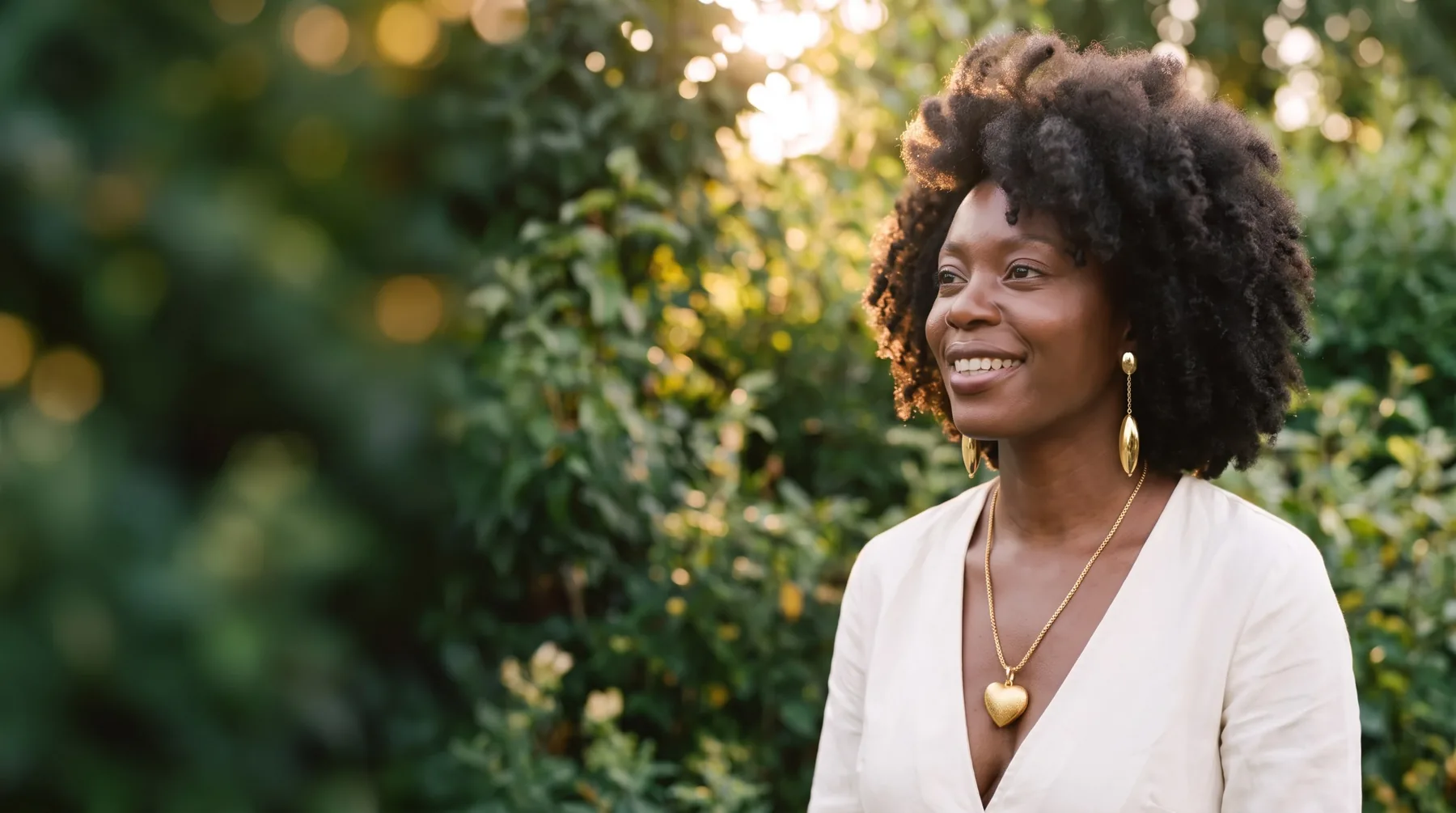 A woman with natural curls wearing the Gold Heart Pendant Necklace and Gold Marquise Drop earrings