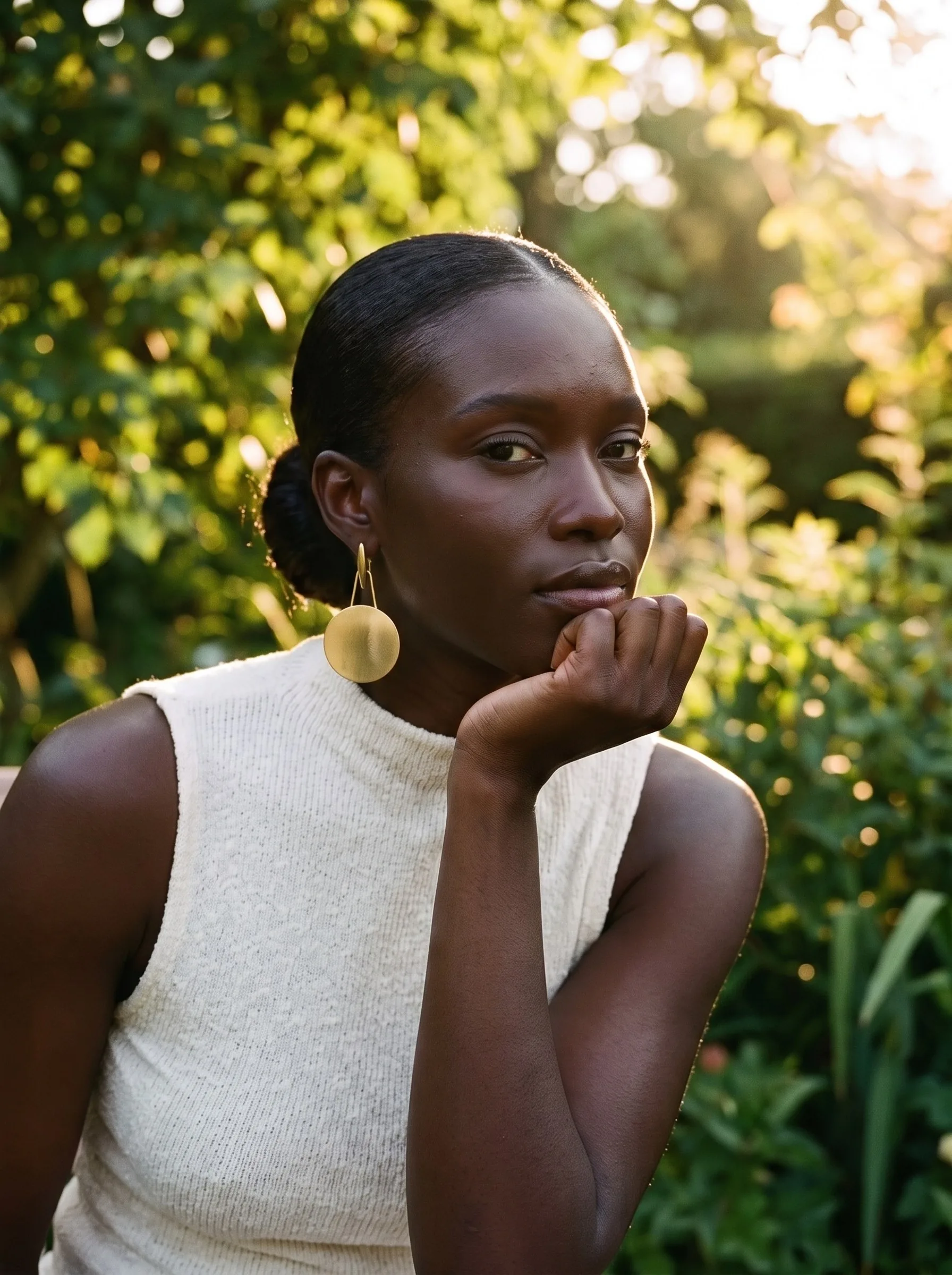 A woman resting her chin on her hand, wearing the Gold Disc Drop earrings