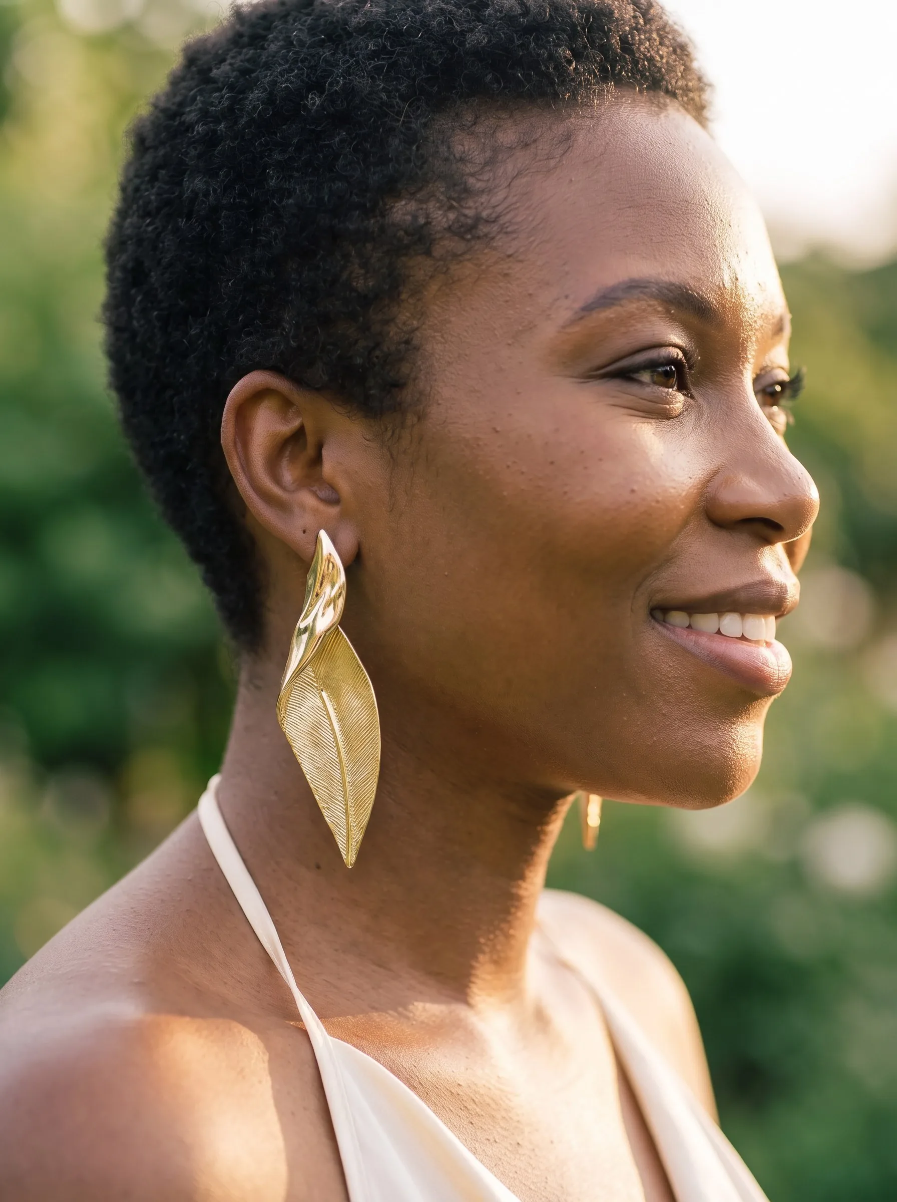 A woman with short natural hair wearing the Gold Leaf earring