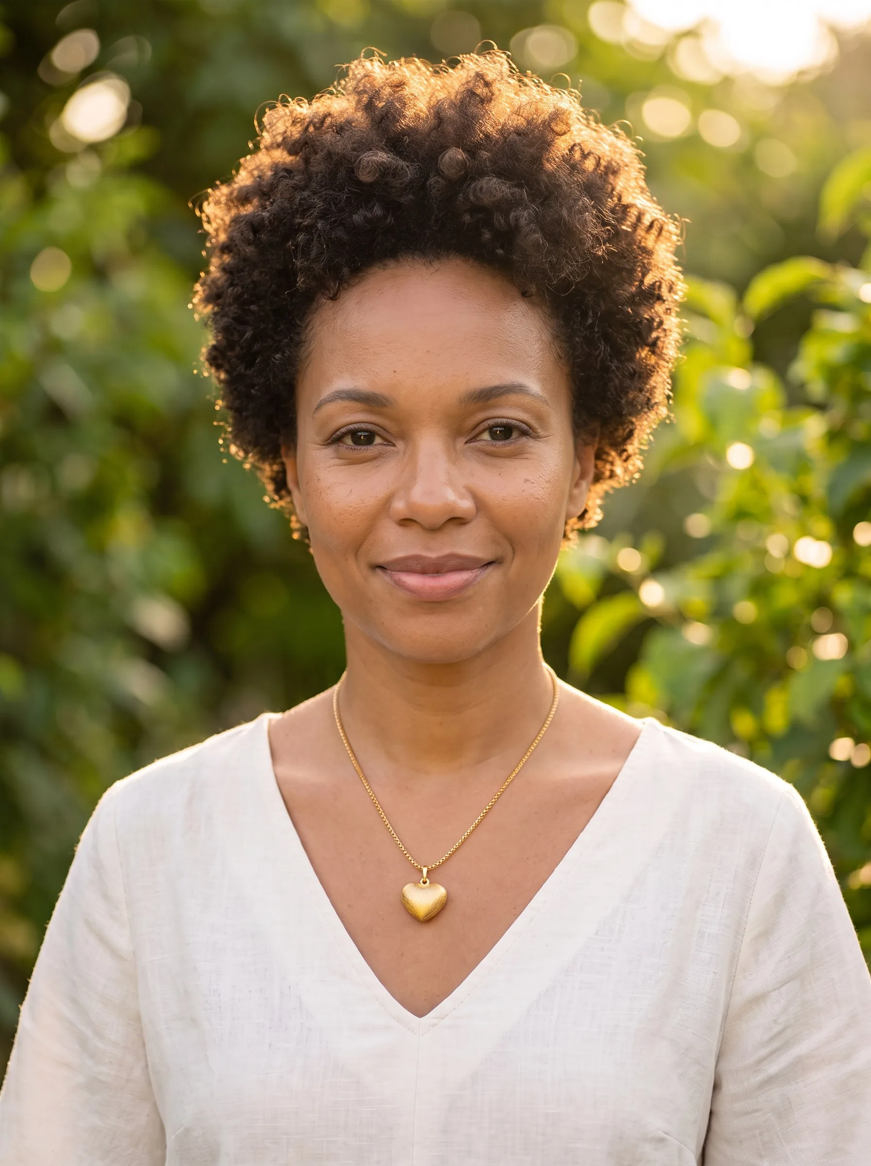 A woman with short natural curls wearing the Gold Heart Pendant Necklace