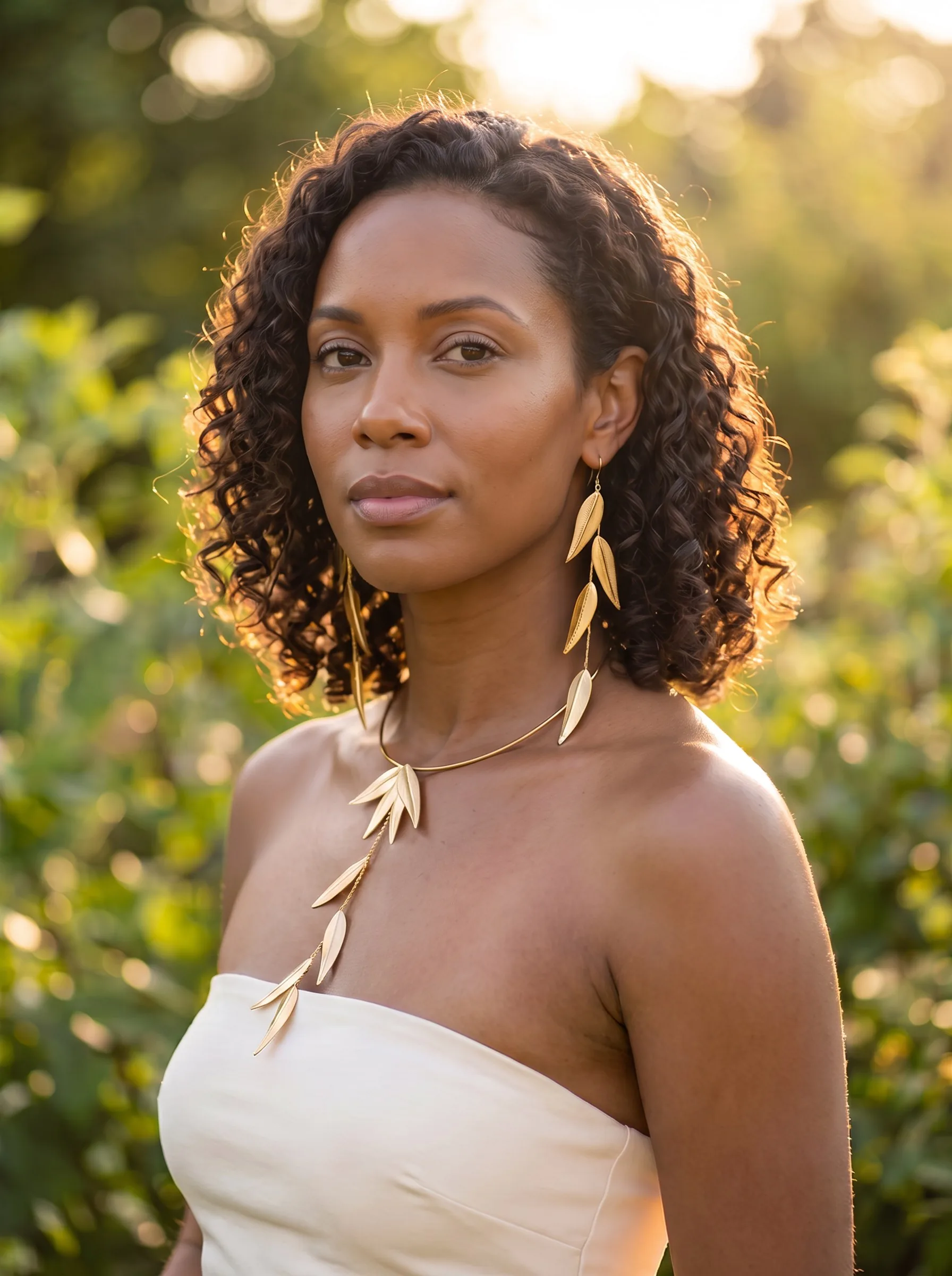 A woman with dark natural coils wearing the Willow Set: a gold leaf collar and leaf earring